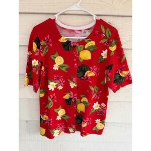 Christopher & Banks Lemon Floral Cardigan Red Fruit Print Button Front